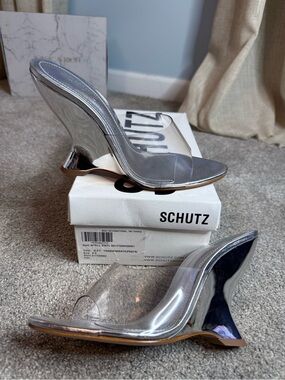 SCHUTZ Silver Metallic Sculpted Wedge Mules with Clear Vinyl Straps